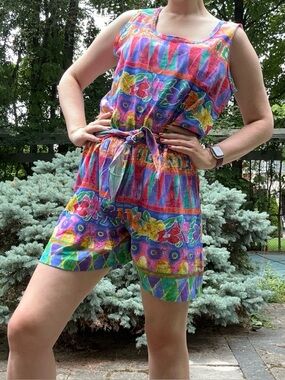 Vintage early 90s Carolyn Waldo colourful romper bright abstract floral OS Large